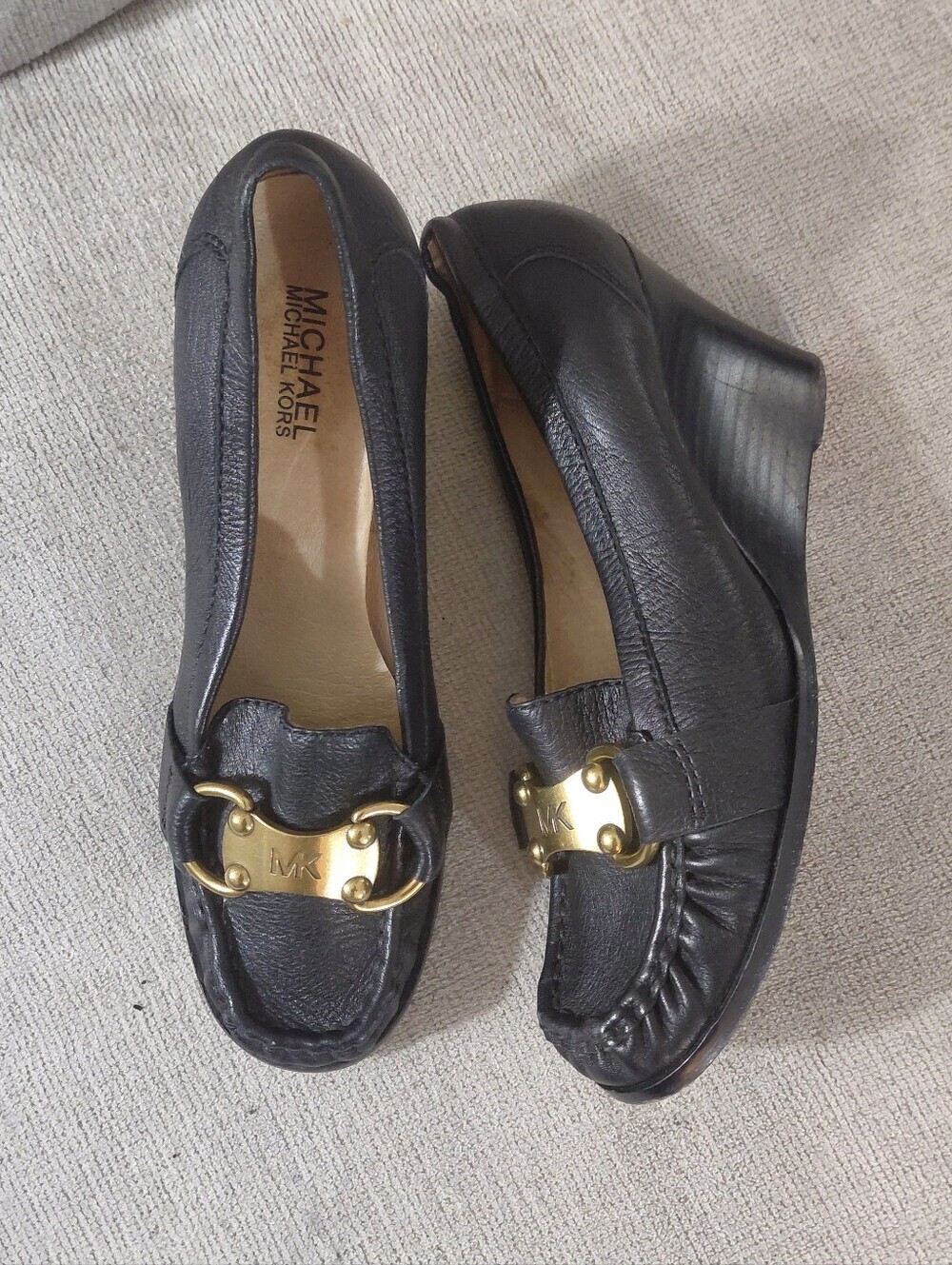 Michael Kors Black Leather Horse Bit Logo Wedges Size 8.5